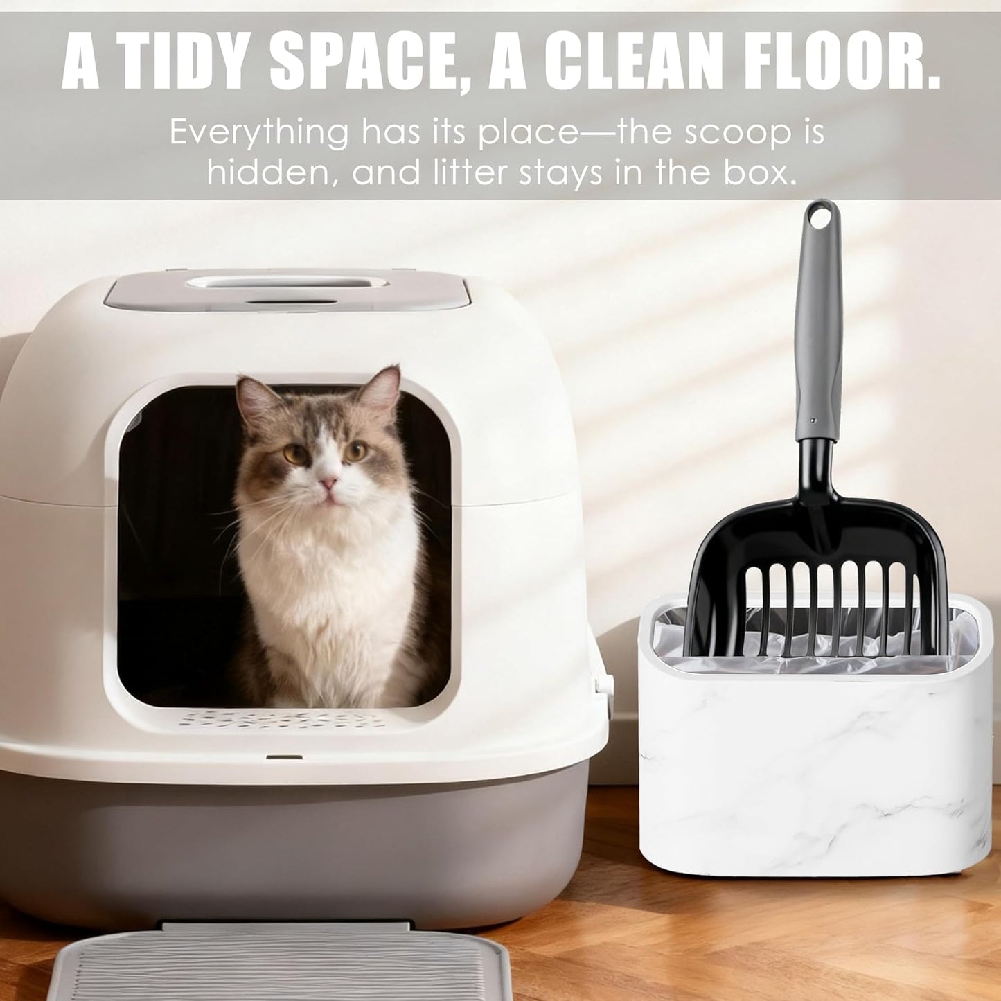 Modern marble cat litter organizer set for bathroom or litter area