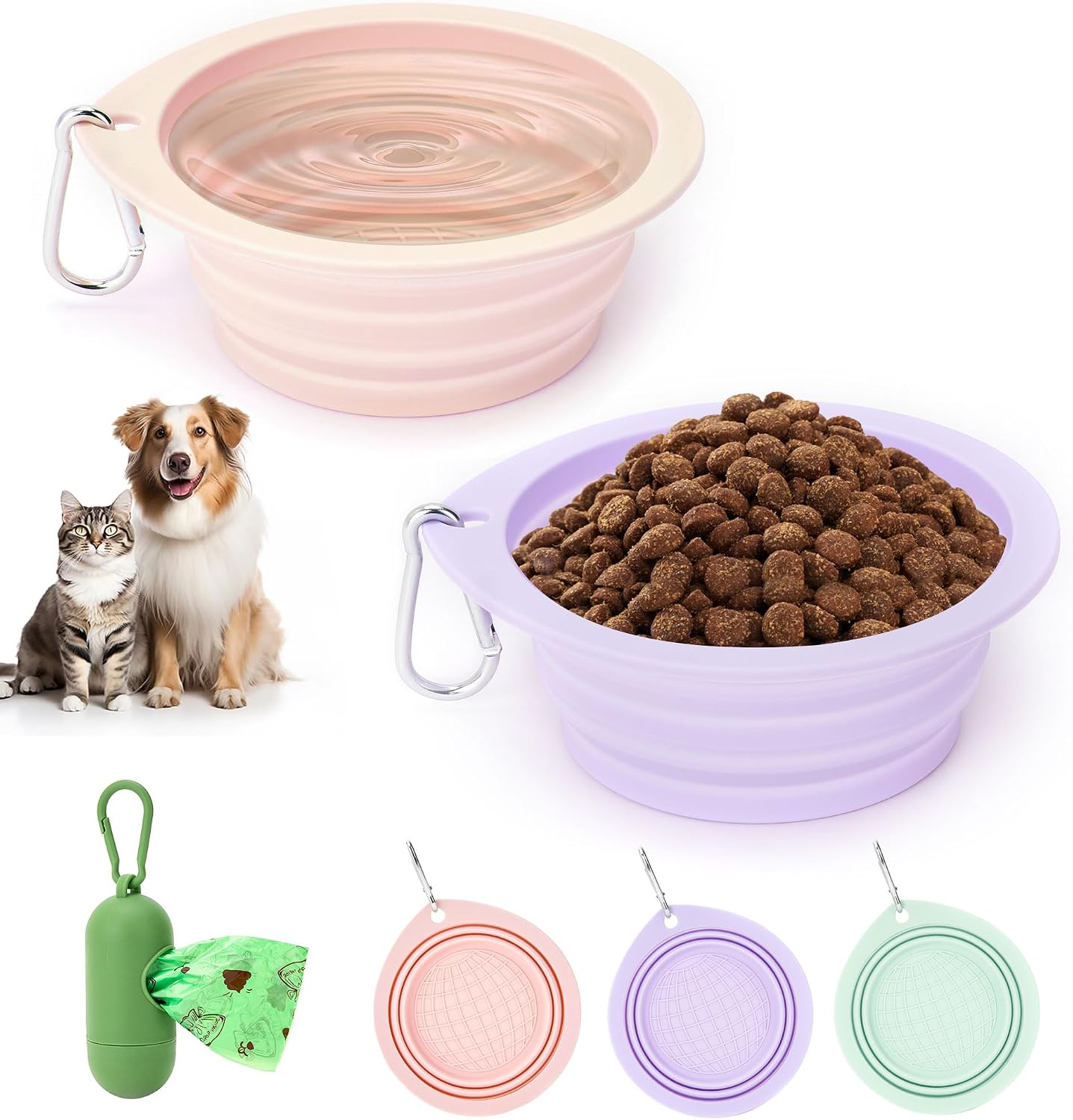 3 Pack Collapsible Dog Bowls,Pet Bowls with Pet Poop Bag Dispenser Set,Portable Silicone Travel Dog Bowls for Walking,Hiking,Camping,Outdoor Travel(Pink&Green) - Image 10