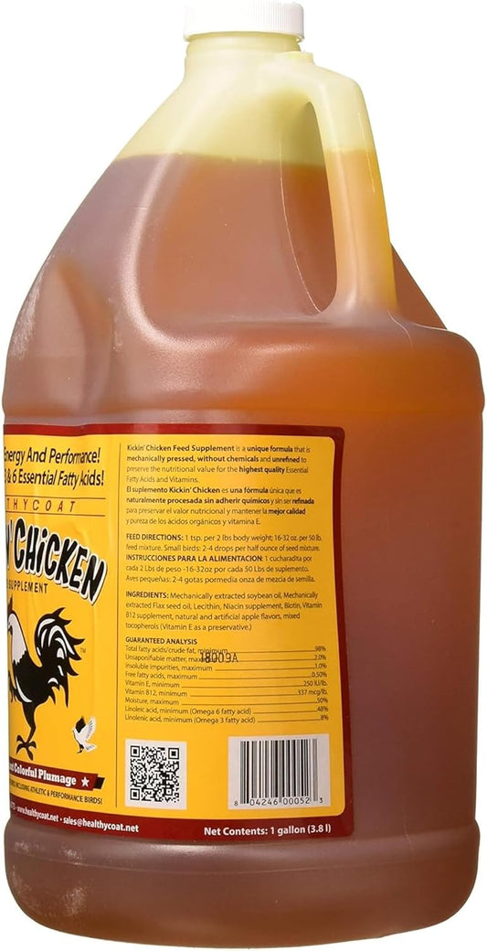 HealthyCoat poultry liquid formula container highlighting nutritional facts and omega ingredients