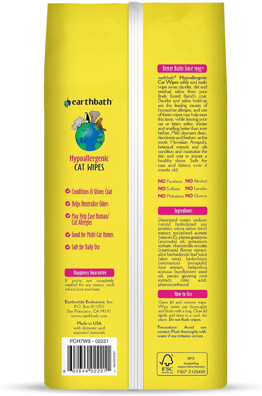Earthbath fragrance free cat and dog pet wipes back label showing ingredients