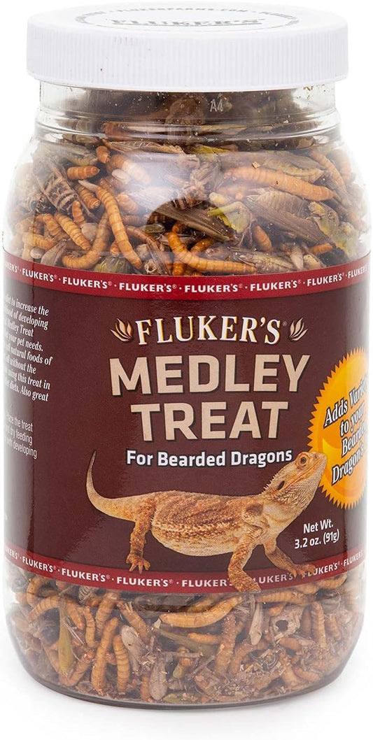 Fluker's reptile treat bottle showcasing the blend of mealworms, grasshoppers, and crickets.