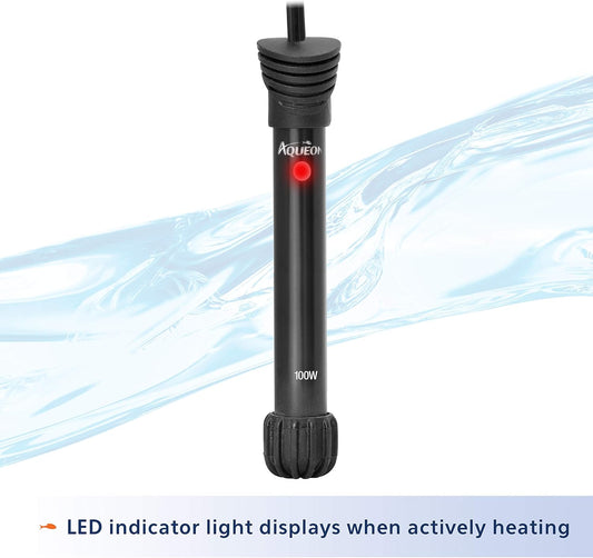 Aqueon submersible aquarium heater showing shatter-resistant glass