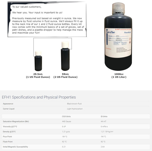 Two fluid ounce bottle of CMS Magnetics educational grade magnetic fluid next to protective rubber gloves