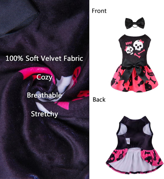 Small puppy wearing CuteBone skull print velvet dress with matching hair bow
