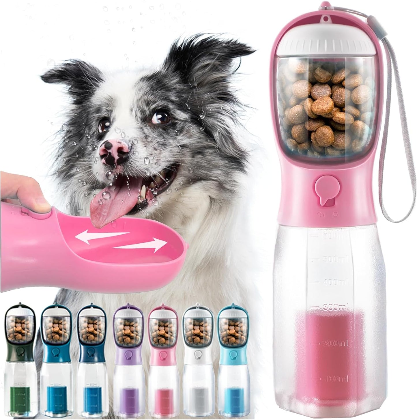 Portable Water Bottle for Small Dogs, 3 in 1 Animal Pet Travel Bowl Dispenser with Food Treat Container & Poop Bag Holder, Summer Hiking Walking Accessories for Puppy On The Go - Pink, 10oz - Image 13