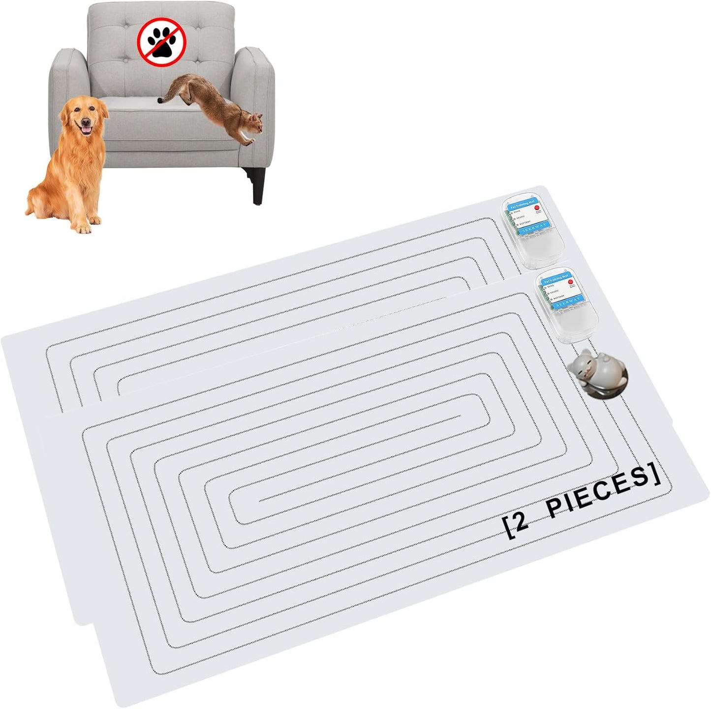 SEERWAY Scat Pet Shock Mat 2 Pieces, Shock Pads for Dogs and Cats Training Indoor, Electric Repellent Mat Keeps Pets Off Couch, Sofa, Countertop, 3 Modes, 2 Pieces Same Size, Battery Operated - Image 13