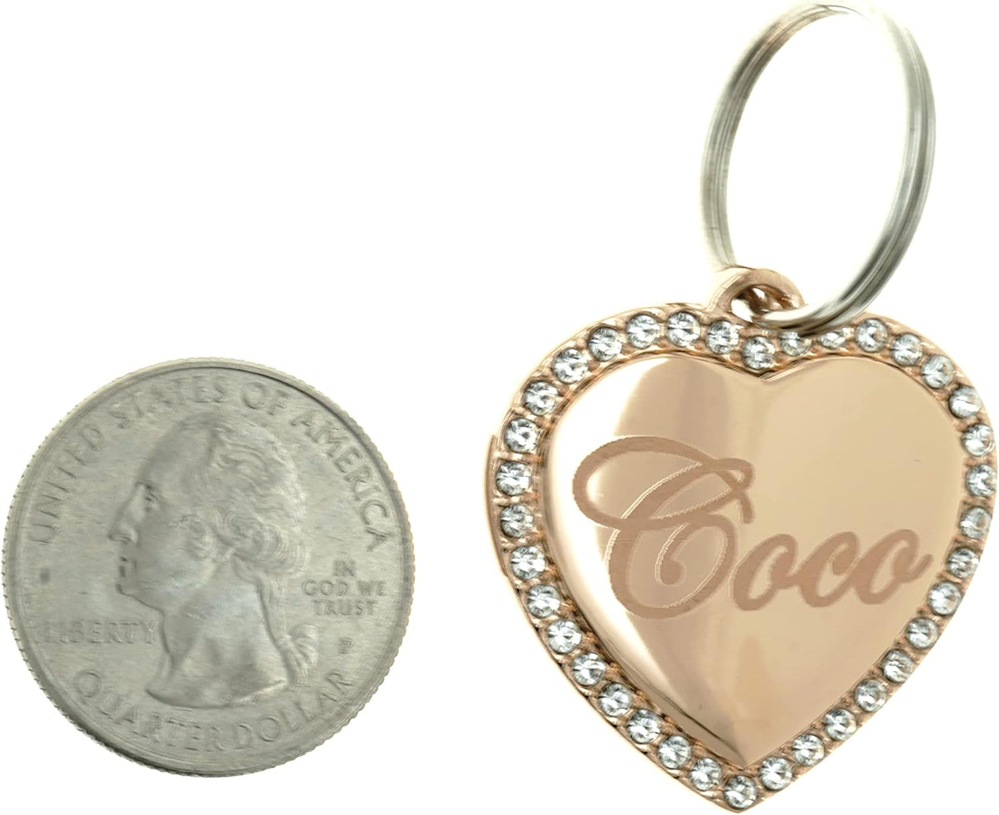 Yippo Accessories medium rose gold plated heart identity tag showing detailed rhinestones