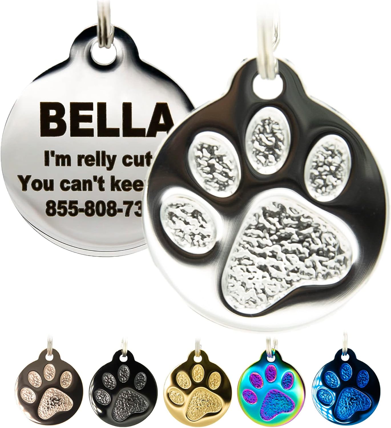 Engraved Pet Tag for Dogs and Cats - Personalized Front & Back up to 4 Lines of Text Custom Engraved ID, Round Paw Print Solid Plating Stainless Steel Gold Small - Image 11