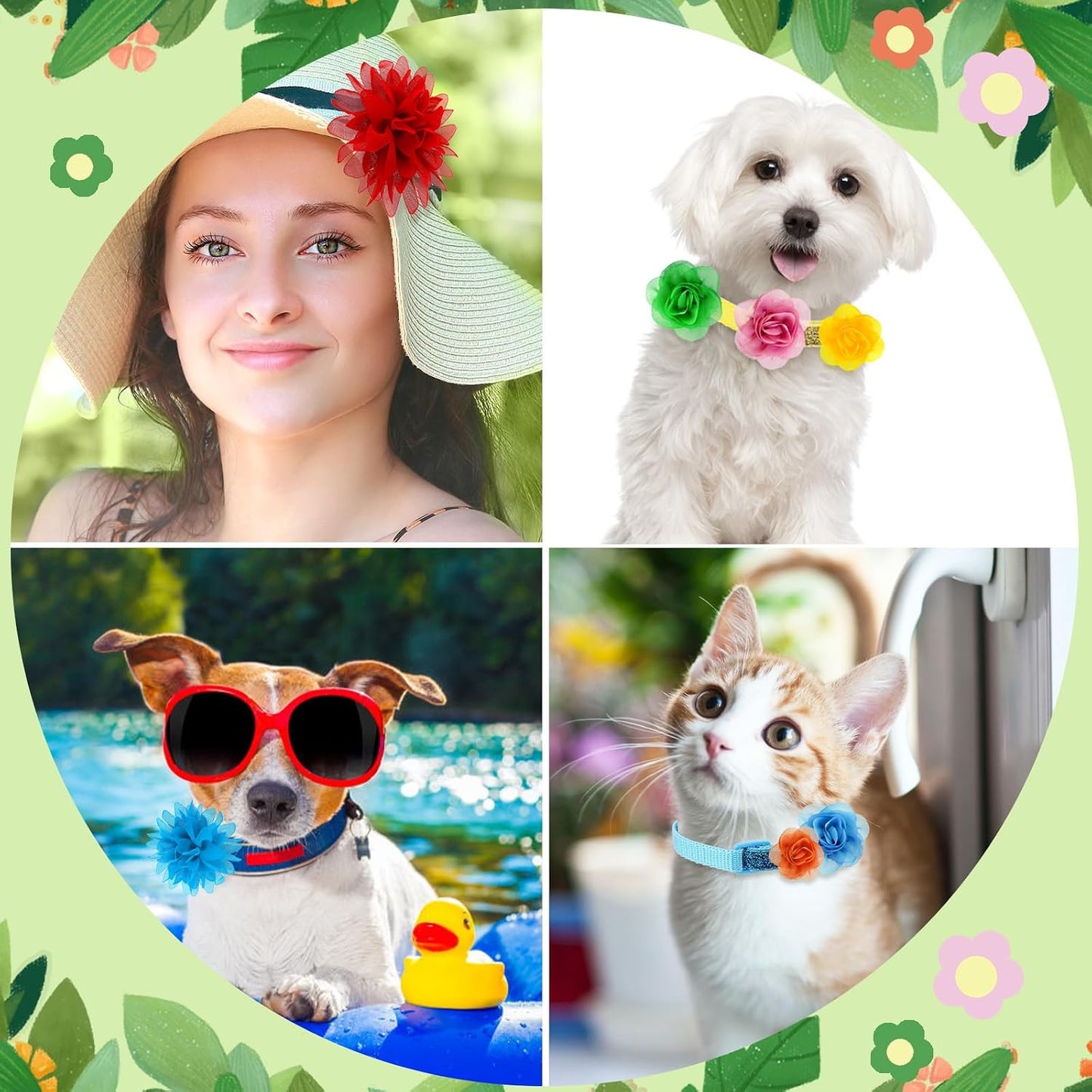 Cute puppy and cat collar embellishments imported from USA shown in vibrant colors.