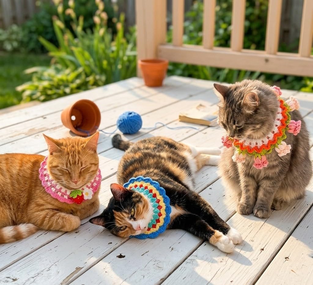 An adjustable handmade strawberry patterned woolen pet neck accessory suitable for small dogs and kittens.