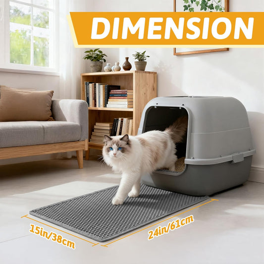Pieviev cat litter trapping mat protecting tile floors in a home.