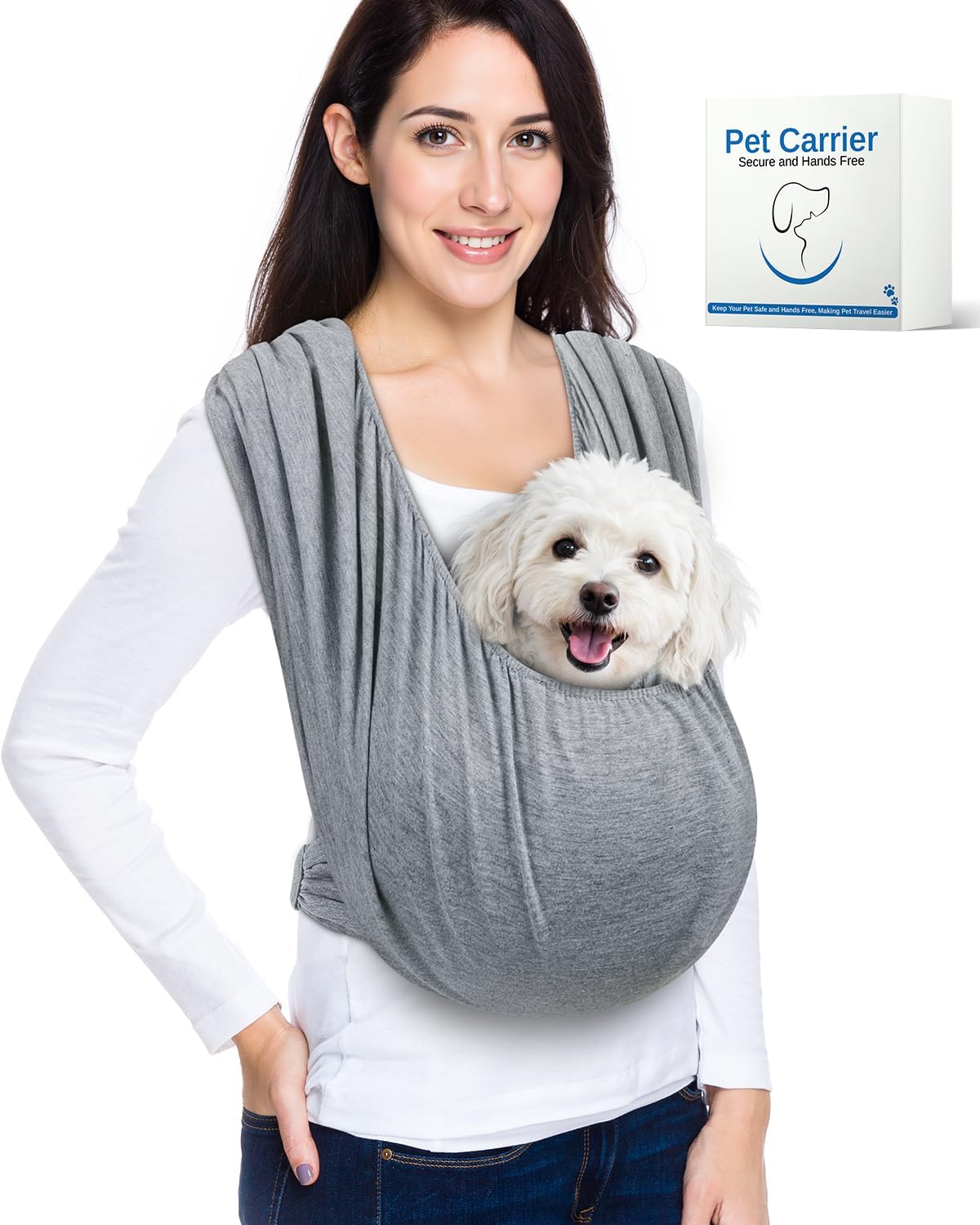 Owner wearing Vokvaktak dog sling for small pets