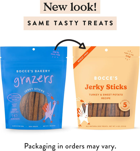 Bocce's Bakery dog treats packaging showing jerky stick texture