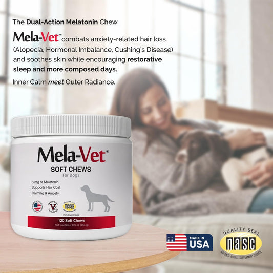 Mela-Vet dog calming chews 120 count container for separation anxiety