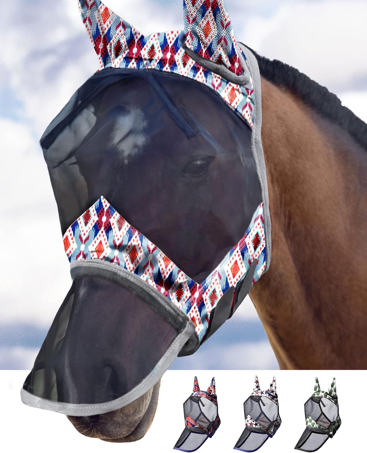 Harrison Howard LumiVista Horse Fly Mask Long Nose with Ears UV Protection for Horse Leopard Print M Cob - Image 15