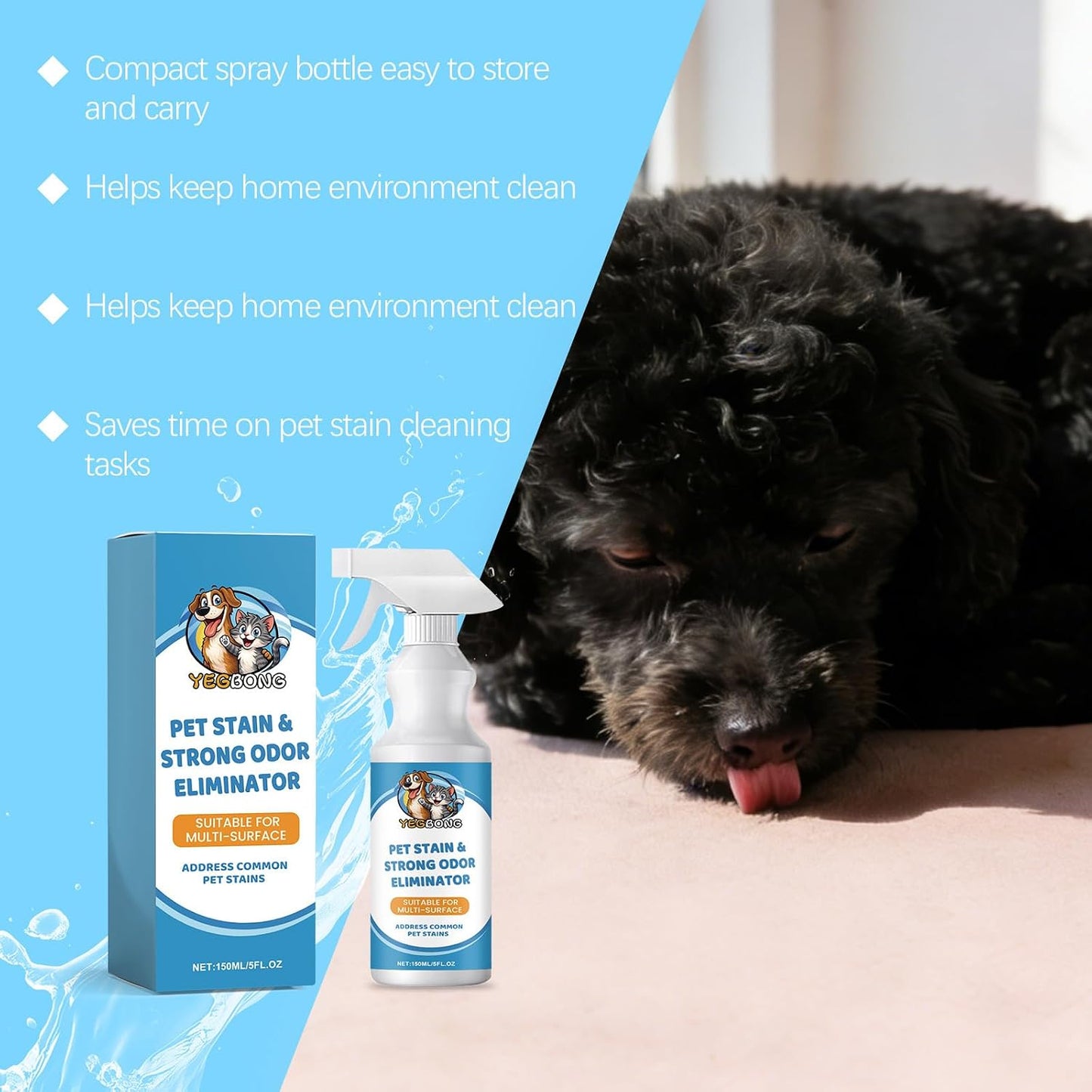 Resolve strong odor eliminator spray bottle angled view highlighting pet safety info.