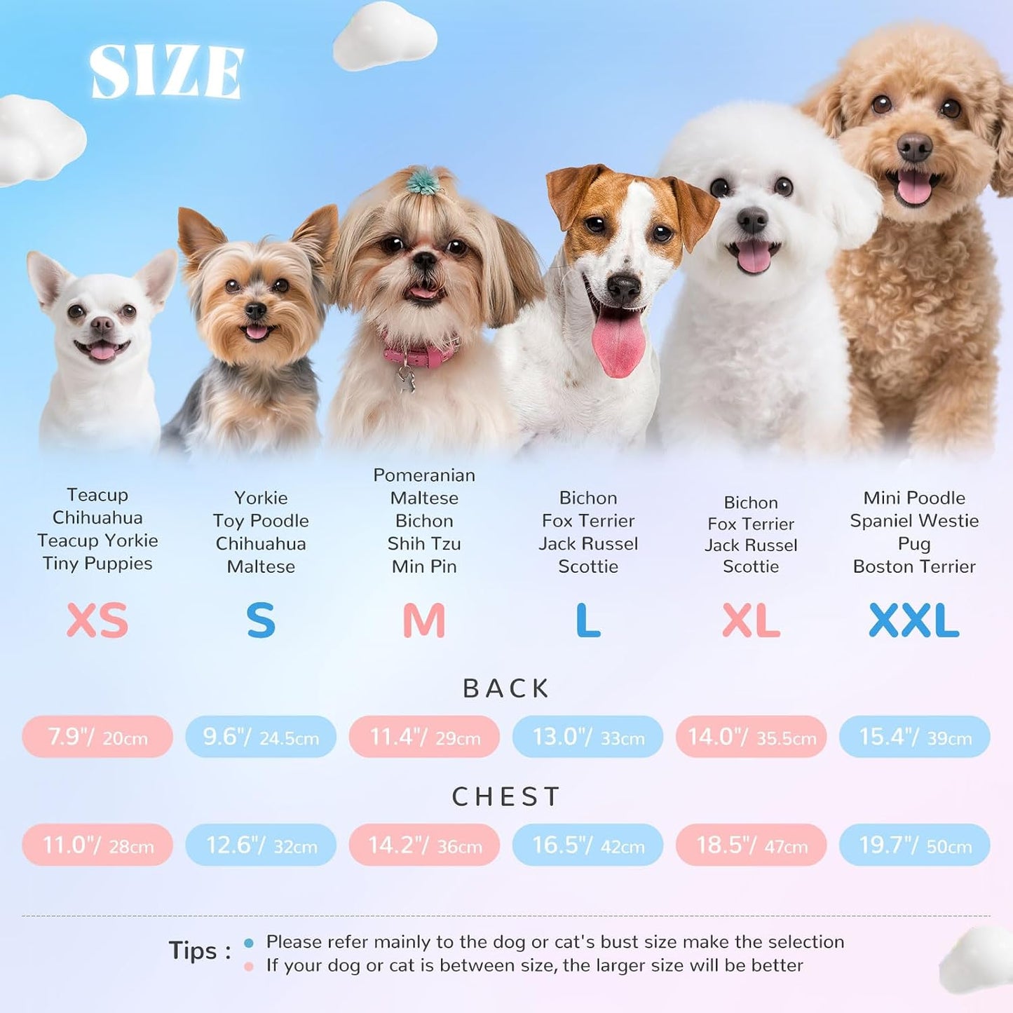 AXIIJGL teacup puppy birthday dress outfit dimensions and size measurement guide.