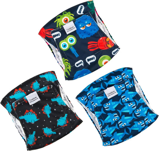 Washable male doggie diapers three pack laid flat on white surface