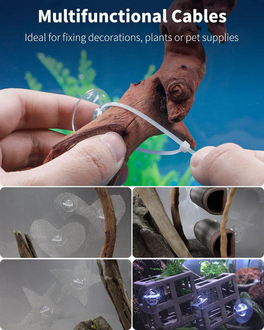 Ten pack of transparent suction cups with twenty pieces of zip ties layout.