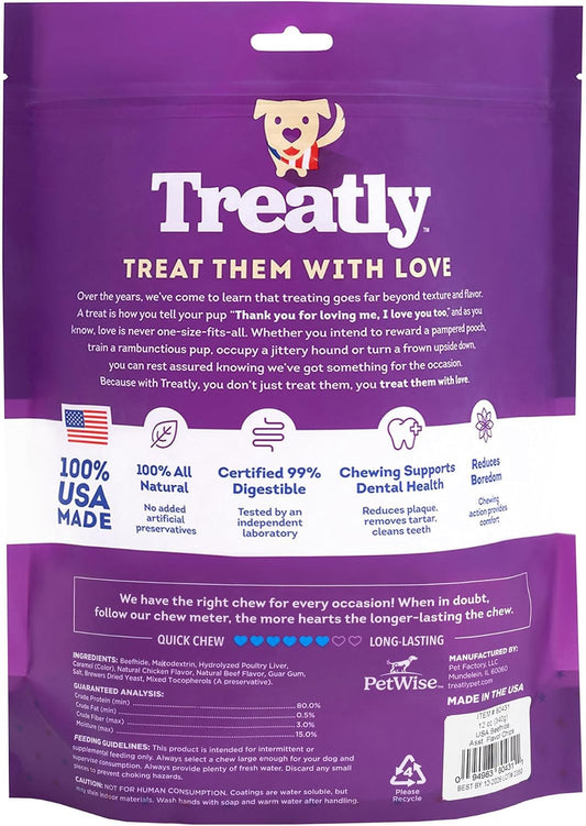 Two pack of Treatly American basted beefhide chips displaying the thick natural rawhide texture