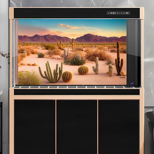 OHIOCATII vinyl aquarium backdrop with vivid sunset desert landscape design for large fish tanks.