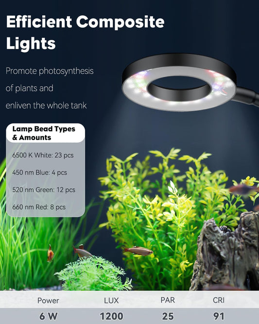 Pawfly clip on fish tank light showing the flexible gooseneck and ring lamp head