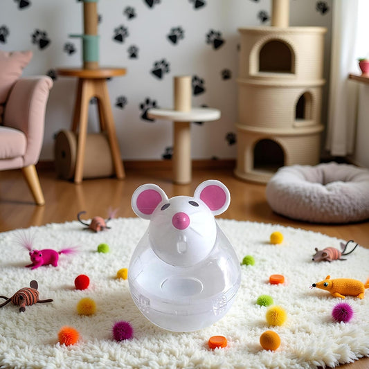 Side angle of mouse shape kitten slow feeder toy for indoor exercise