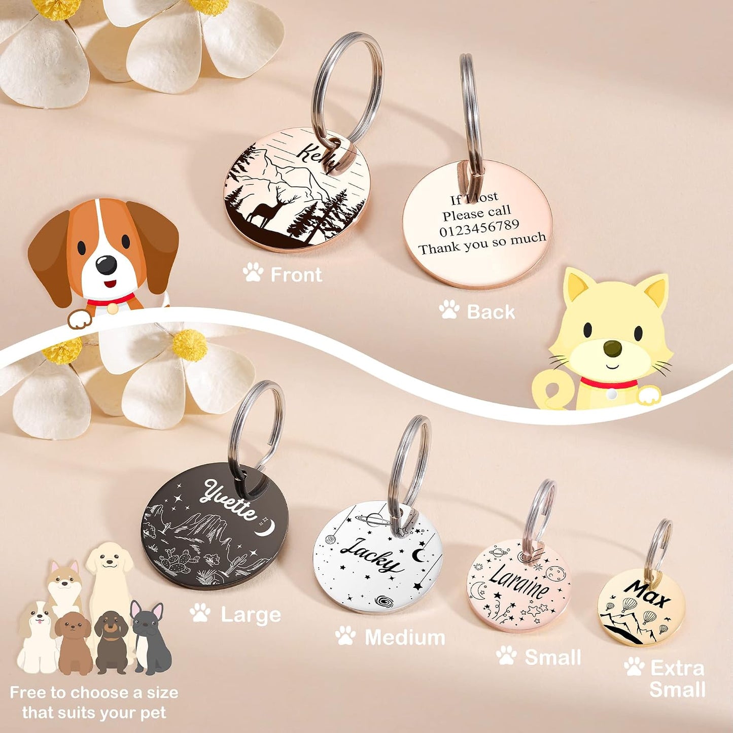 GISUERY personalized round pet name tag package demonstrating the two included strong split rings for collar attachment