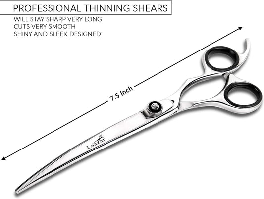 Close up of Laazar curved shears showing Japanese stainless steel blade