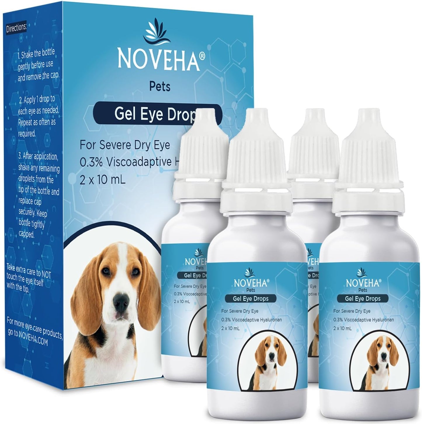Unboxed NOVEHA ten milliliter eye lubricant bottles indicating premium USA imported quality.