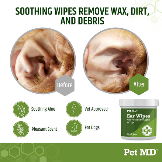Pet MD ear wipes container showing aloe vera and eucalyptus benefits
