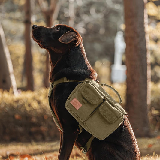 Side view of OneTigris medium dog saddlebag harness showcasing the three pocket storage configuration