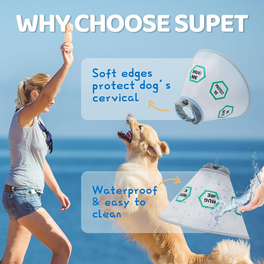 Close up of the adjustable hook and loop velcro closure on the Supet pet recovery collar.