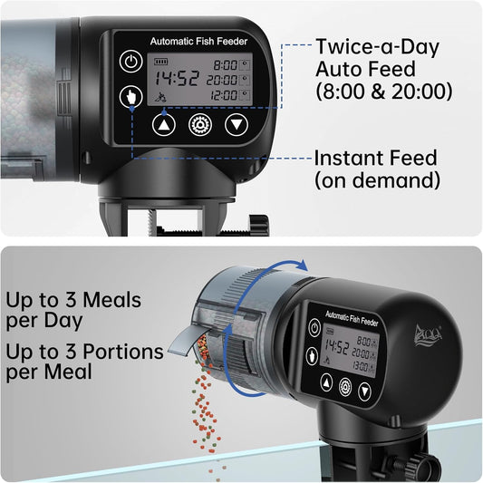 Programmable LCD timer screen detail on a battery operated automatic food dispenser.