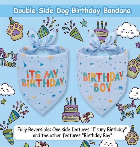 Double sided birthday boy dog bandana in blue