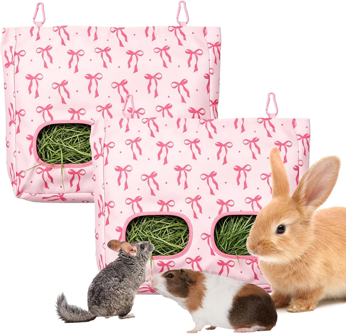 JarThenaAMCS 2Pcs Rabbit Hay Feeder Bag with 2 Holes Pink Bow Guinea Pig Hanging Hay Feeding Bag Storage Dispenser for Chinchilla Hamster Bunny Small Animal Pet - Image 8