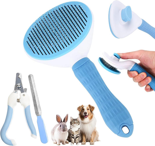 Close up of the self cleaning slicker brush tool demonstrating the quick release hair button mechanism.