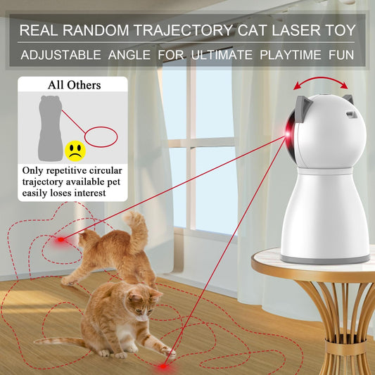 Rechargeable automatic cat laser toy projecting random laser trajectory on a flat surface.