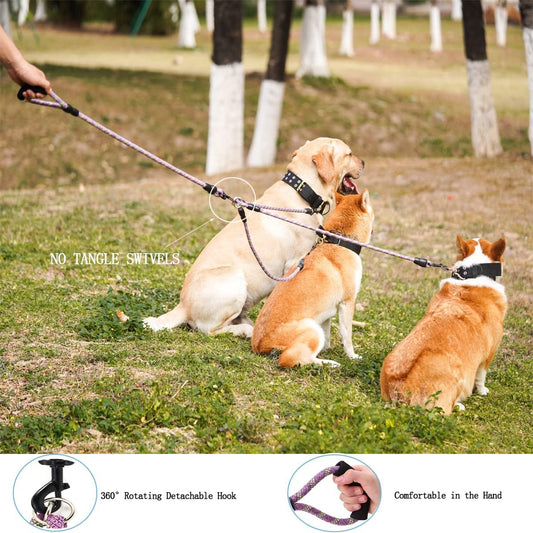 Heyllou premium triple dog walking lead with detachable coupler hooks close up view