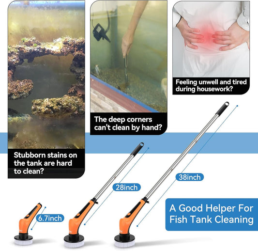 Six interchangeable spin brush heads arranged next to the rechargeable cordless tank cleaner.