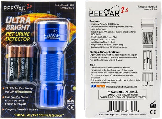 PeeDar 2.0 black light flashlight illuminating dry pet stains on carpet