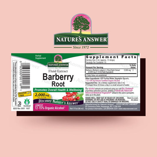 Organic barberry root herbal supplement bottle label showing 2000 mg concentration