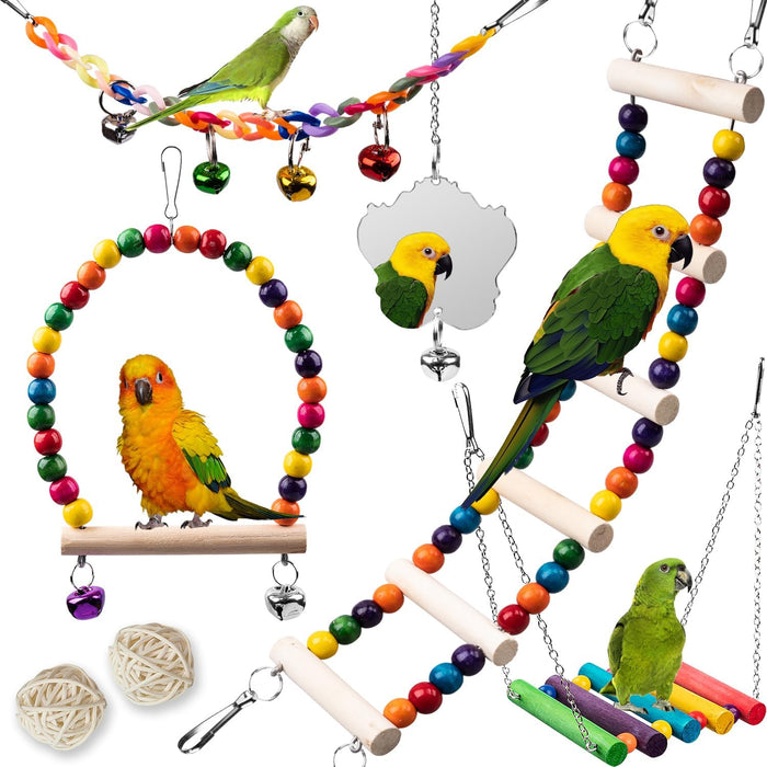 Bird Toys for Parakeets 7Pcs, Wood Parrots Budgie Cage Accessories - Image 1