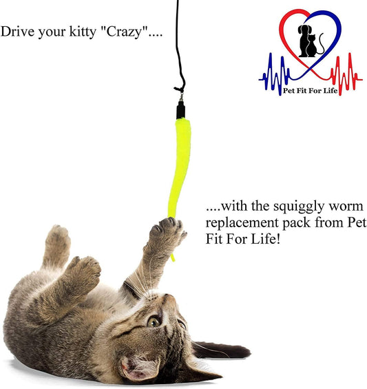 Colorful squiggly worm refills for interactive cat wands showing metal eye hook connectors.