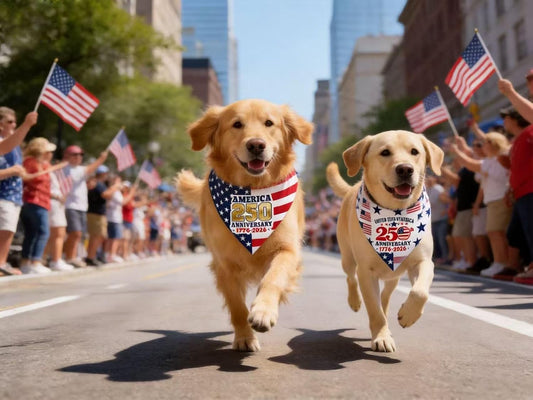 Dog wearing patriotic America 250 triangle bandana