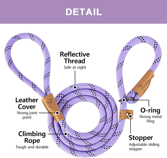 Petarea heavy duty rope leash displaying the adjustable genuine leather stopper detail.