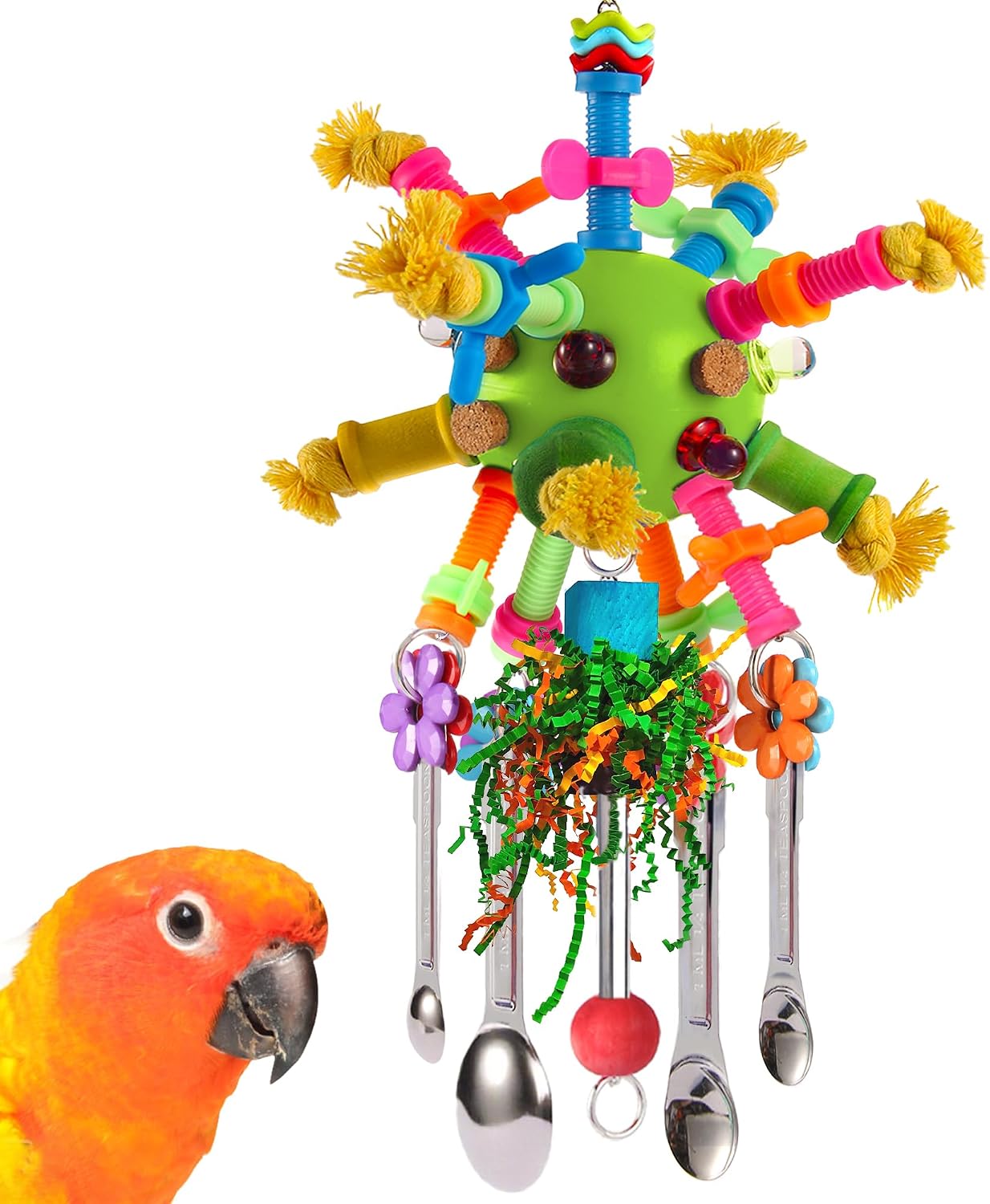 Bird enrichment toy setup inside a standard parrot cage showing hanging hardware