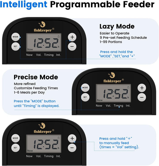 fishkeeper automatic pond fish feeder digital LCD control panel settings close up