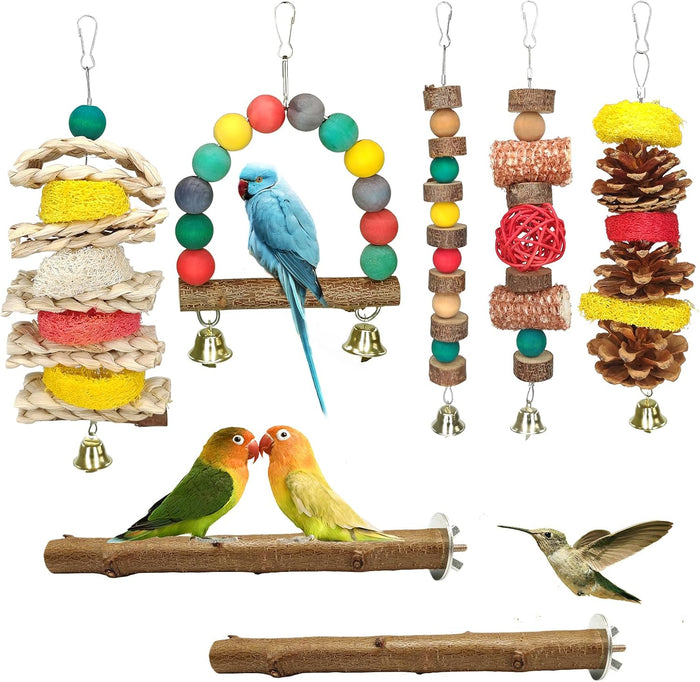 JOREWOOD 7 Pcs Natural Wood Bird Toy & Perch for Parakeets, Cockatiel & Lovebird, Budgie Play Accessory for Small Parrots Indoor Cage - Image 1