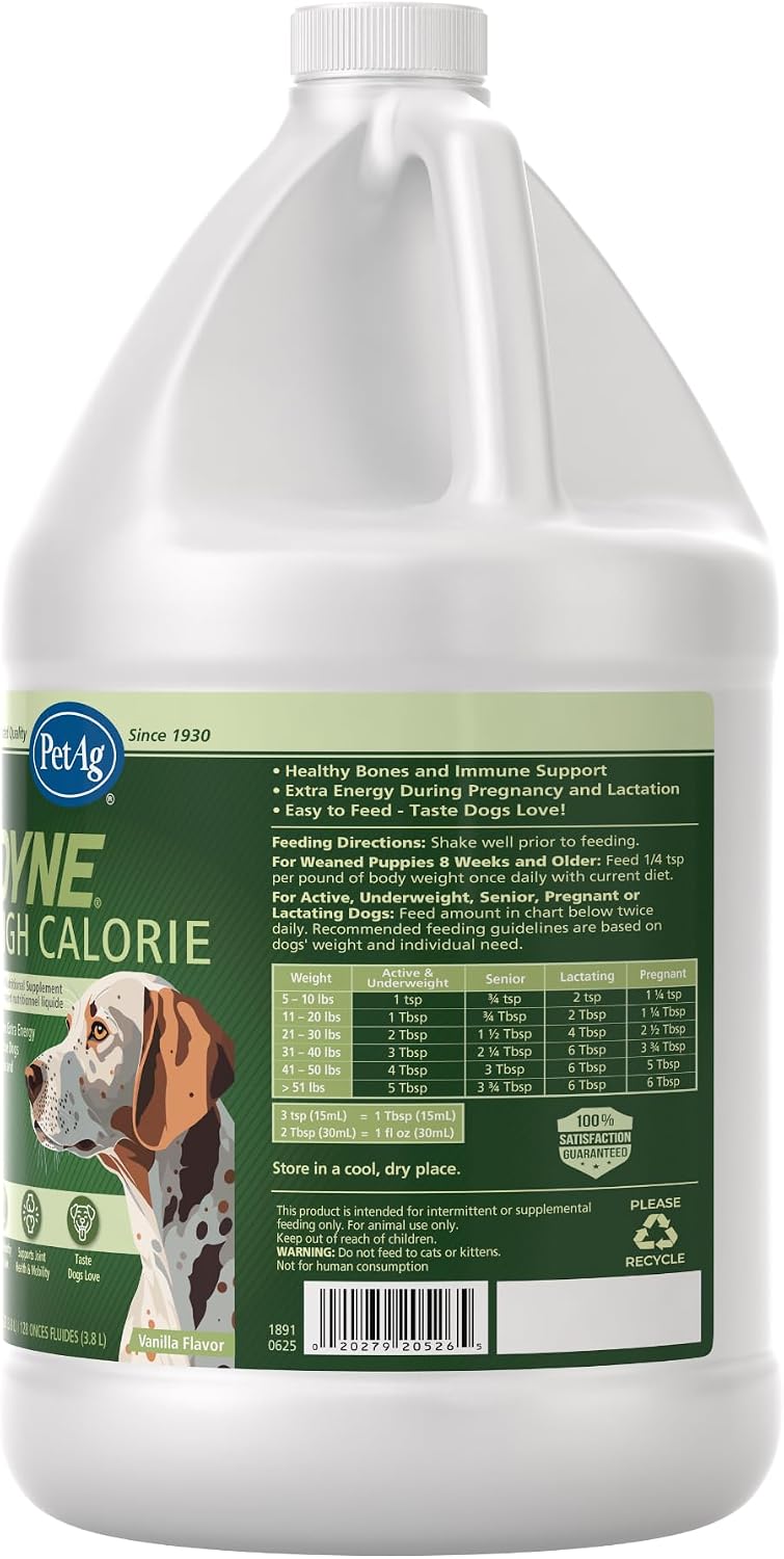 Back label of PetAg Dyne liquid showing feeding instructions
